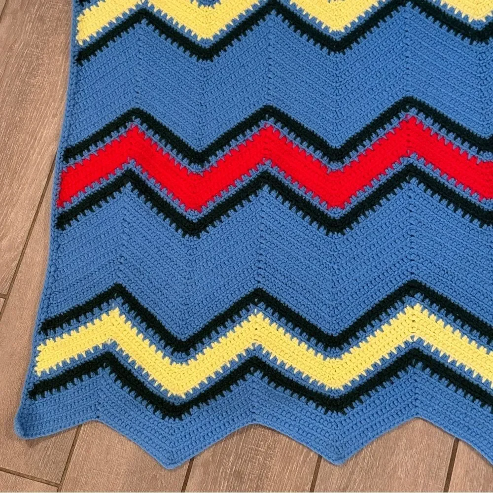 Blue Red Yellow Chevron Afghan Throw Blanket Handmade 55x52